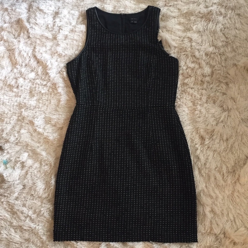 Theory Woven Black Mini Dress Leather Trim Size 4